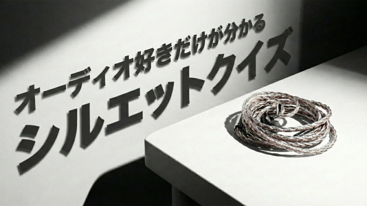 白い壁とテーブルの角を写したモノクロ風の画像。テーブルの上には、複数の線が編み込まれた光沢のあるオーディオケーブルが丸く束ねて置かれている。壁には「オーディオ好きだけが分かる シルエットクイズ」というテキストが、強い影と共に表示されている。