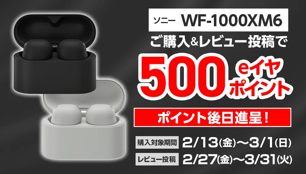 【SONY WF-1000XM6購入者限定！】レビュー投稿で500円分のeイヤポイントプレゼント！【～3/1 購入分まで！】